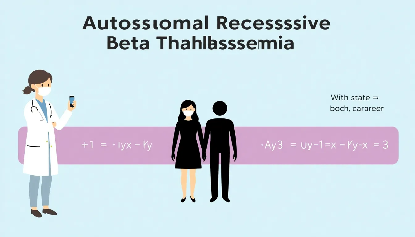 A clean educational infographic showing a genetic counselor explaining autosomal recessive beta thalassemia inheritance. A couple, depicted as simple figures, are both carriers with one mutat