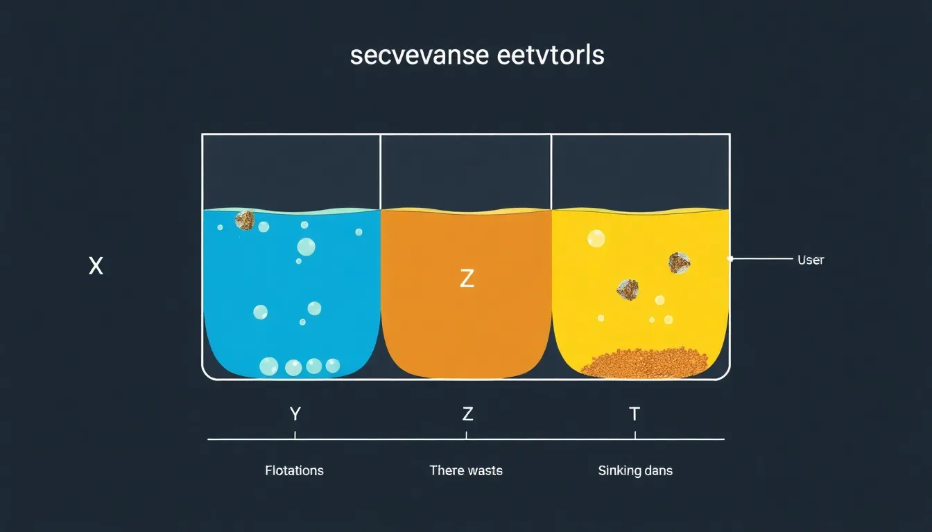 A clean educational diagram of a recycling separation tank with four distinct liquid layers labeled X, Y, Z, T, each with different density colors. Floating waste particles and sinking materi