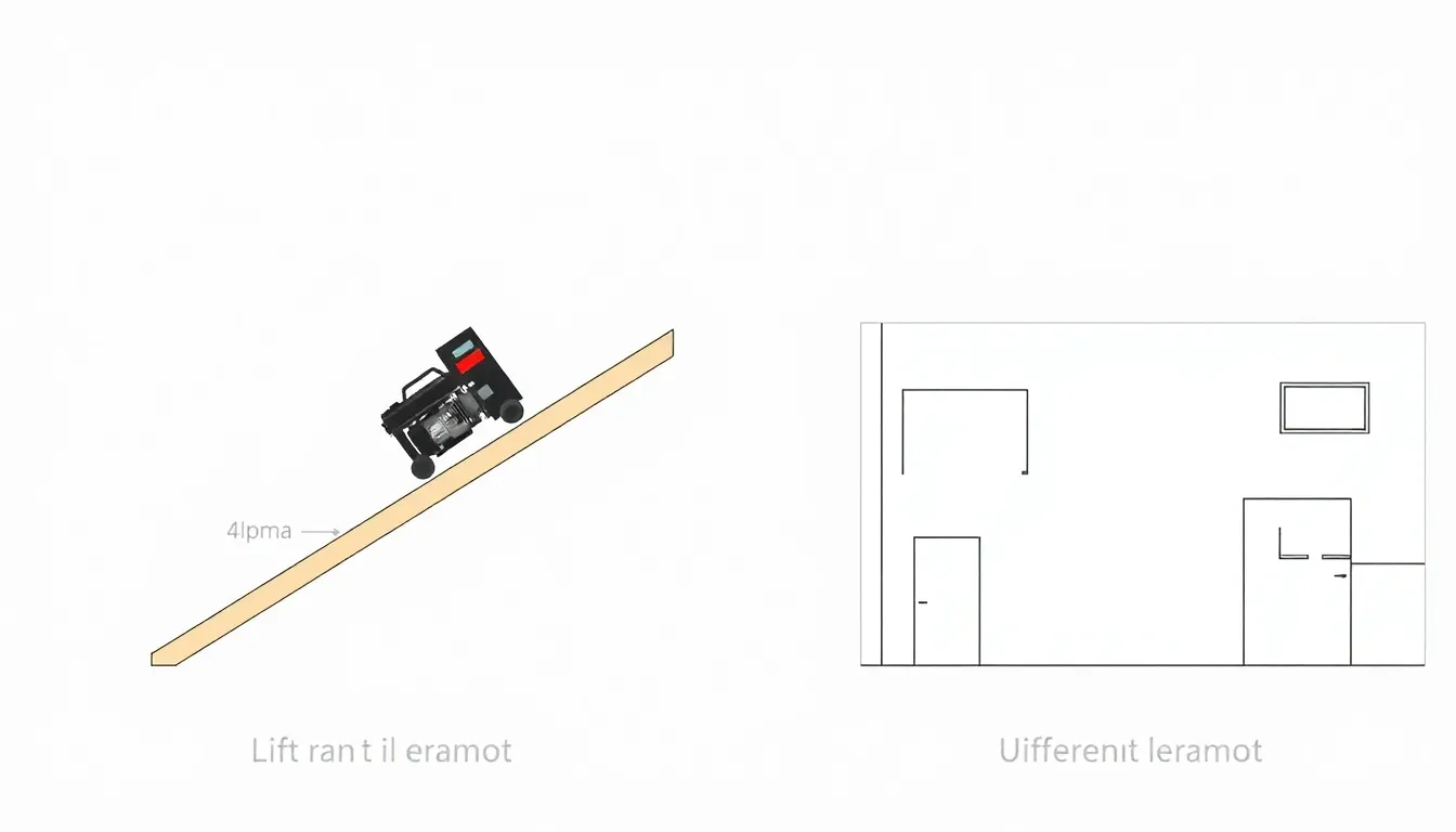 A minimal educational diagram showing two inclined planes lifting a 120 kg generator from basement to ground floor. Left ramp: 4 meters long, angle labeled alpha. Right ramp: different length