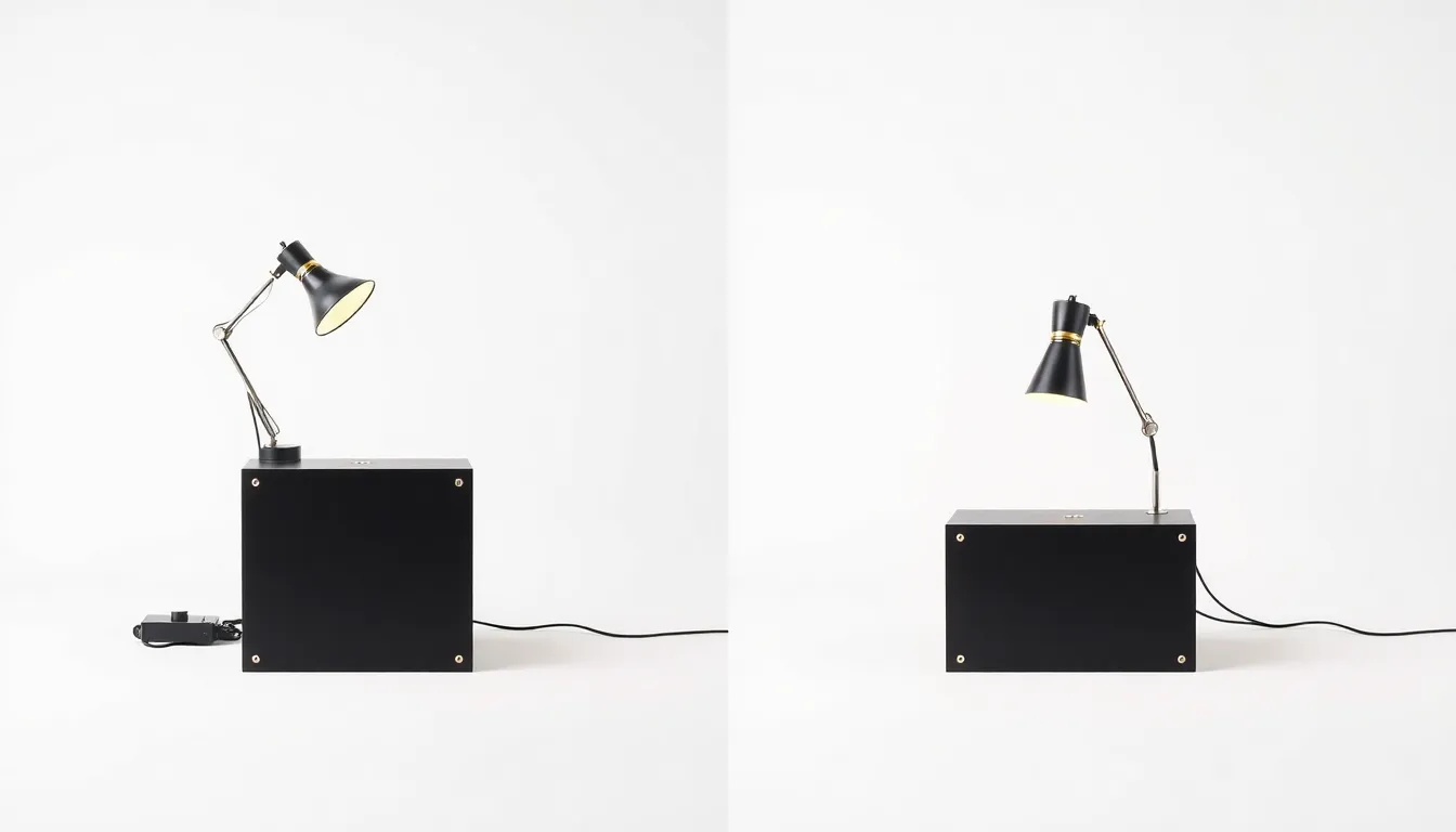 A minimalist educational diagram showing two experimental setups side by side on a white background. Left: a desk lamp shining on a matte black painted metal box. Right: another similar setup