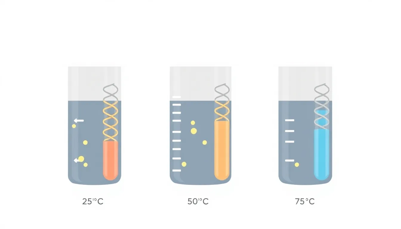 Create a clean educational infographic diagram for a DNA replication experiment. Show three test tubes labeled at 25°C, 50°C, and 75°C. Each tube contains equal amounts of DNA, DNA polymerase