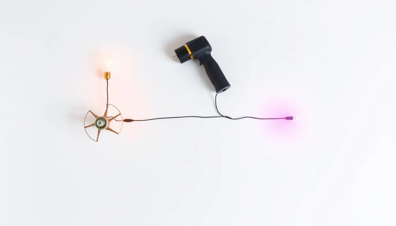 A minimalist diagram on a white background: two identical hand-crank dynamos connected by wires, one powering a small incandescent bulb, the other powering an LED. A hand drill is attached to