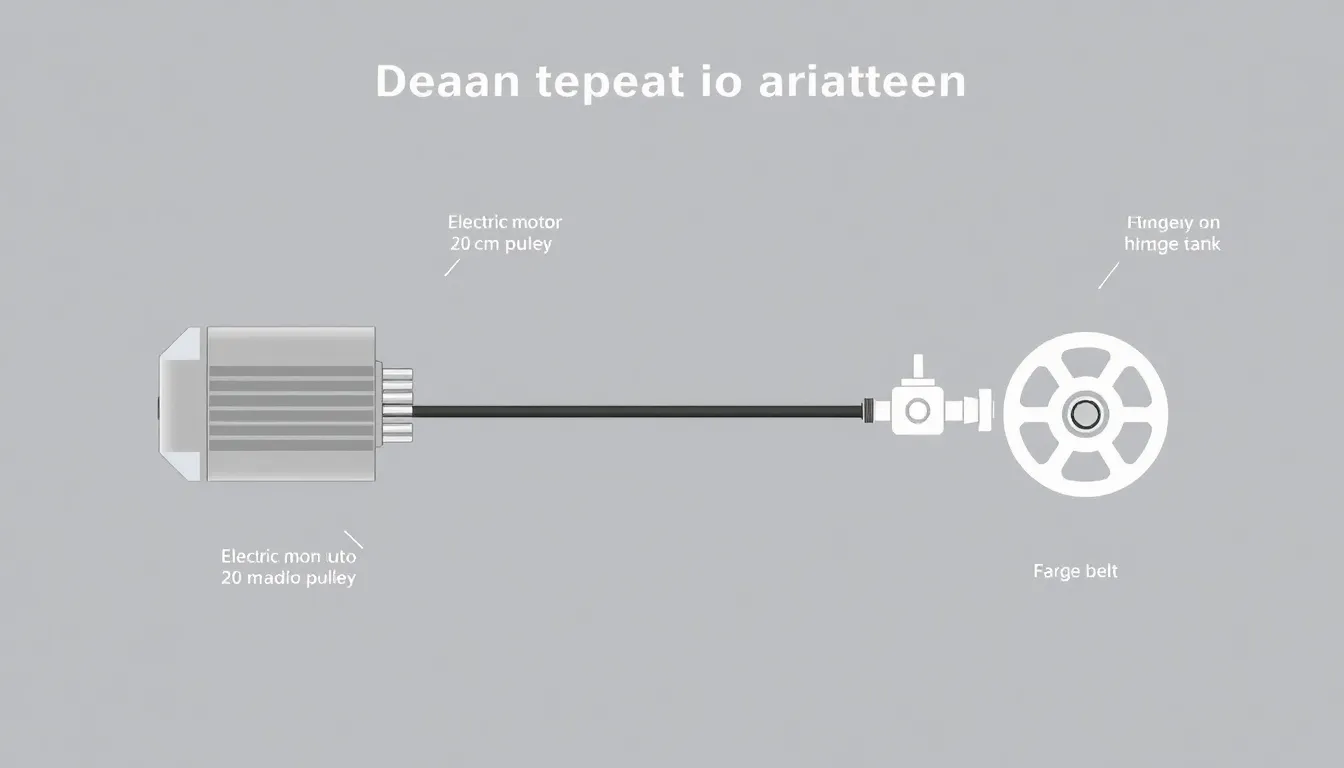 A clean educational diagram of a smart home water tank system. On the left, an electric motor with a 20 cm radius pulley drives a belt. The belt connects to a larger pulley on a hinge mechani