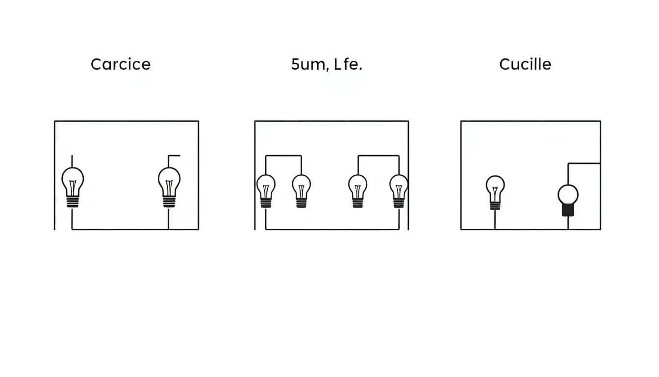 A minimalist educational diagram showing three parallel electrical circuits. Circuit K has 2 identical bulbs, circuit L has 4 identical bulbs, circuit M has 1 bulb. Each circuit is connected to its ow