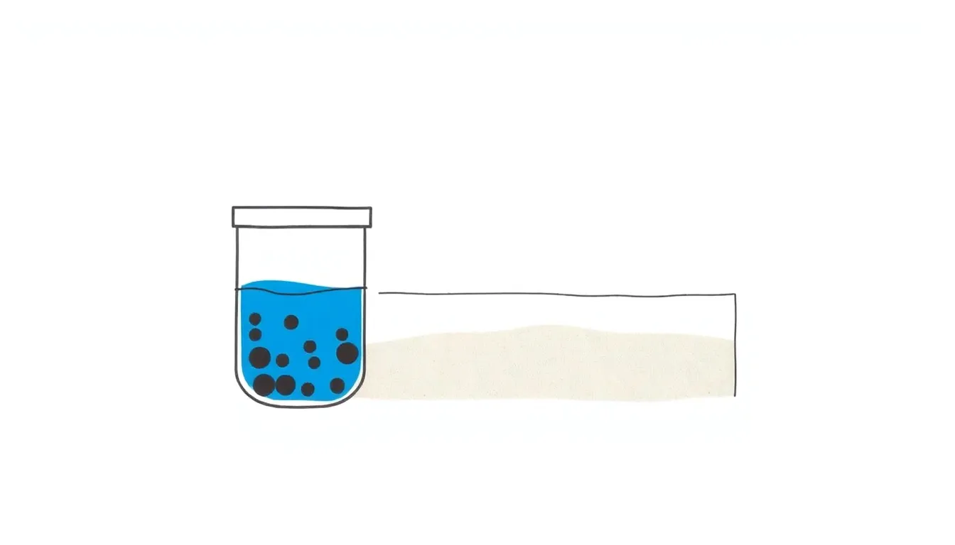 A minimalist educational diagram on a white background showing a simple water filtration experiment: a funnel with dirty water (blue with brown particles) above a clear filter layer (sand and