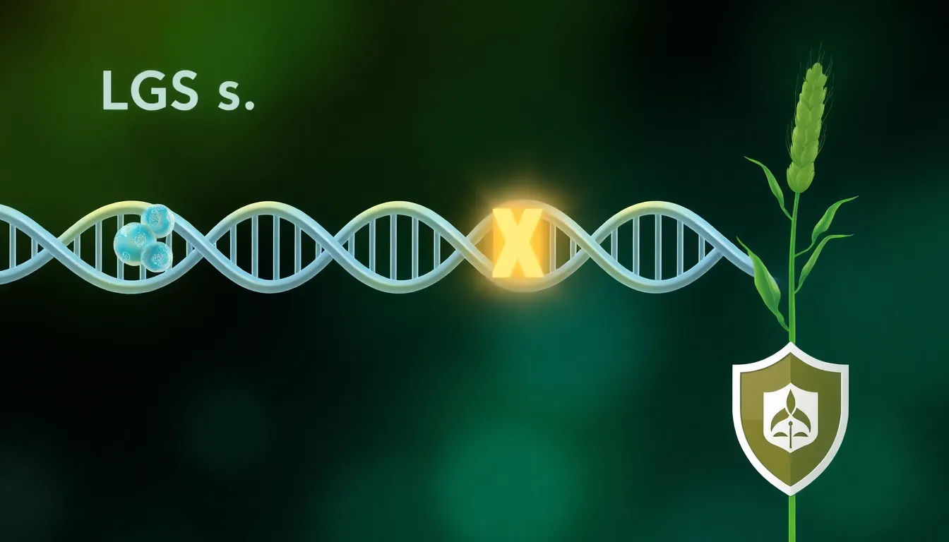 "A scientific infographic for an LGS exam question: A horizontal DNA strand splits, with a glowing section transferring from a labeled X bacterium to a wheat plant. A shield icon with a droug