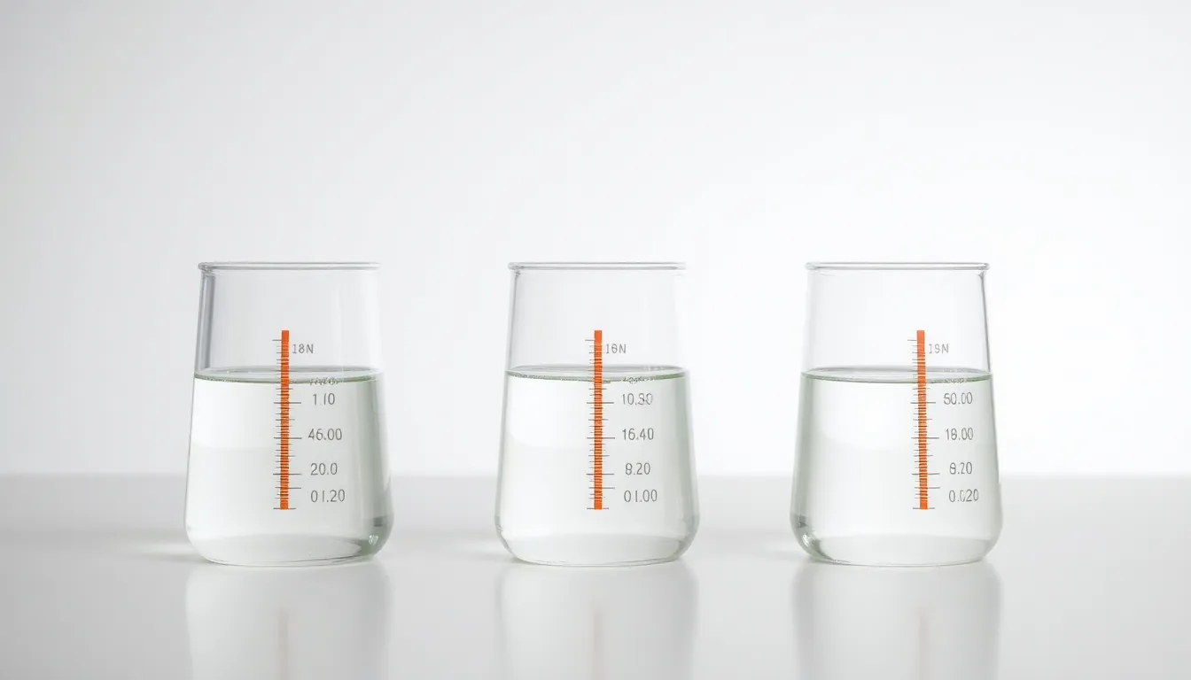 A minimal educational diagram for a chemistry lab: three identical glass beakers on a white table, each with equal mass of water at different temperatures (shown by thermometer symbols), with