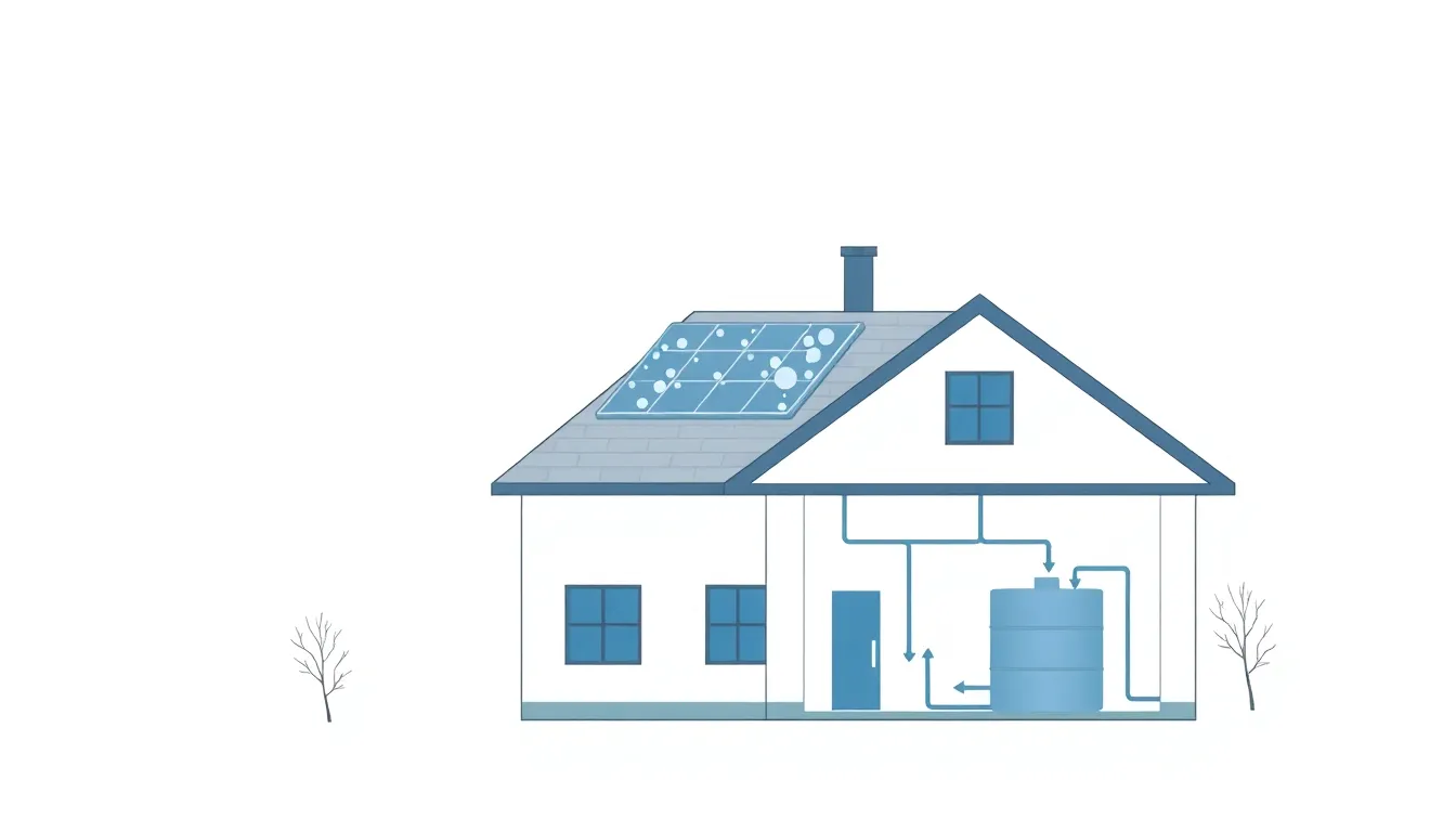 A minimal educational diagram on a white background: a house with solar panels on the roof, arrows showing electricity flowing to a water tank in the basement, a cloudy winter sky above, no t