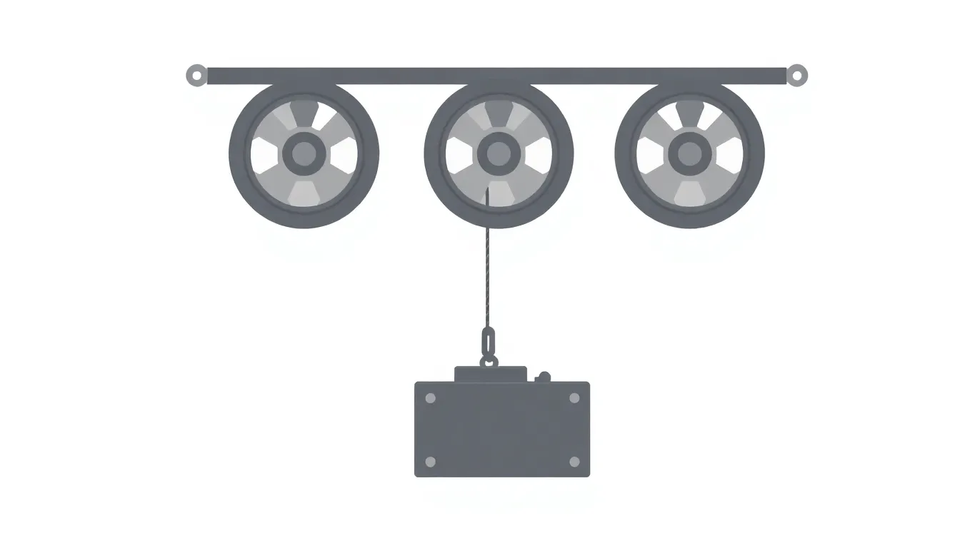 A minimal educational diagram of a block and tackle pulley system with three identical pulleys labeled X, Y, Z, ropes under tension, and a load block below. Clean flat vector style, white bac