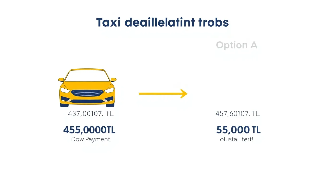 A clean educational infographic-style diagram on a white background showing two taxi dealership options: Option A with a 450,000 TL down payment and 55,000 TL monthly installments, represente