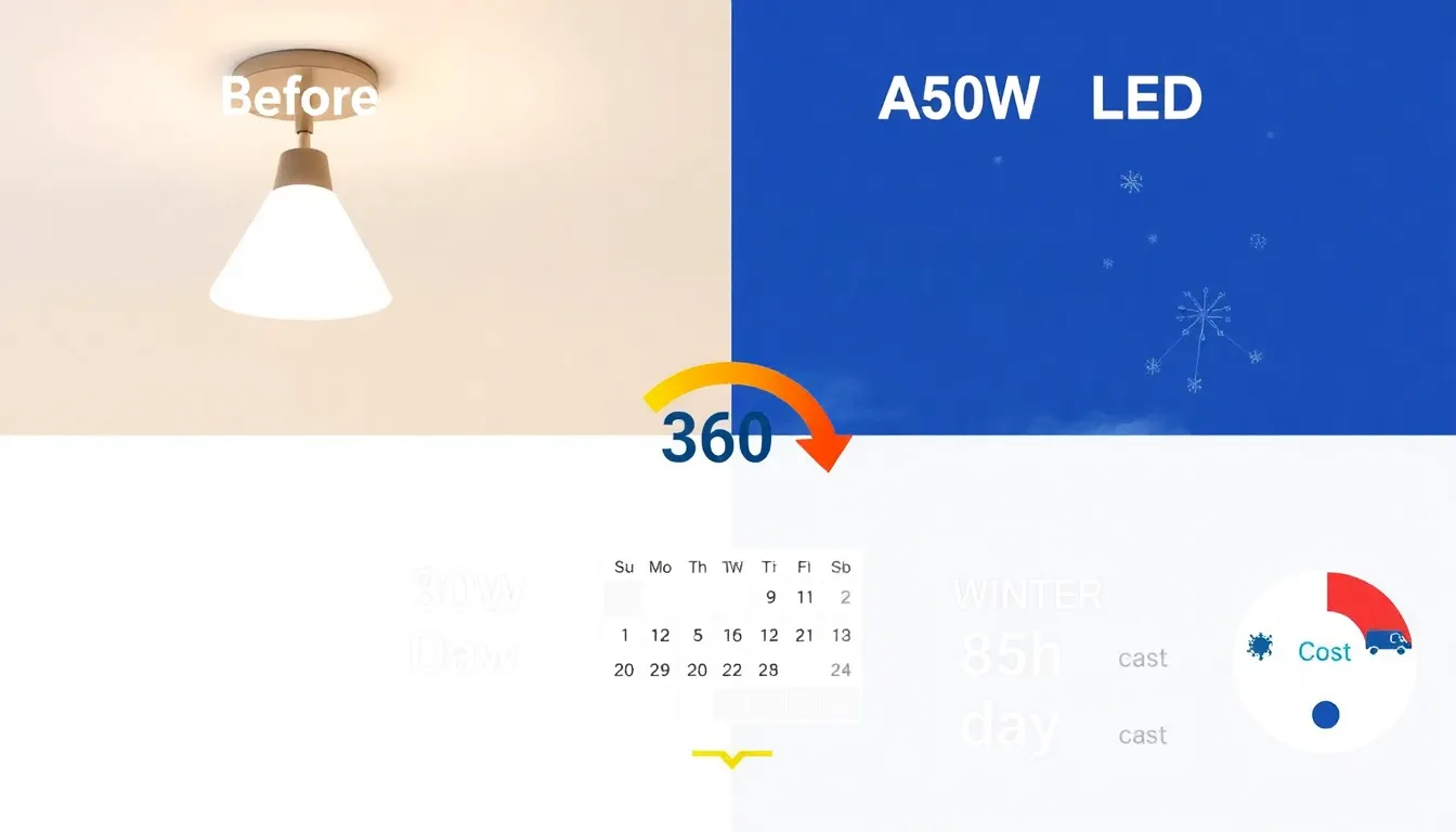 A split infographic showing two ceiling lamps labeled "Before" (300W halogen) and "After" (50W LED). Below, a calendar split into summer (5h/day) and winter (8h/day), with a 360 TL cost arrow and a ki