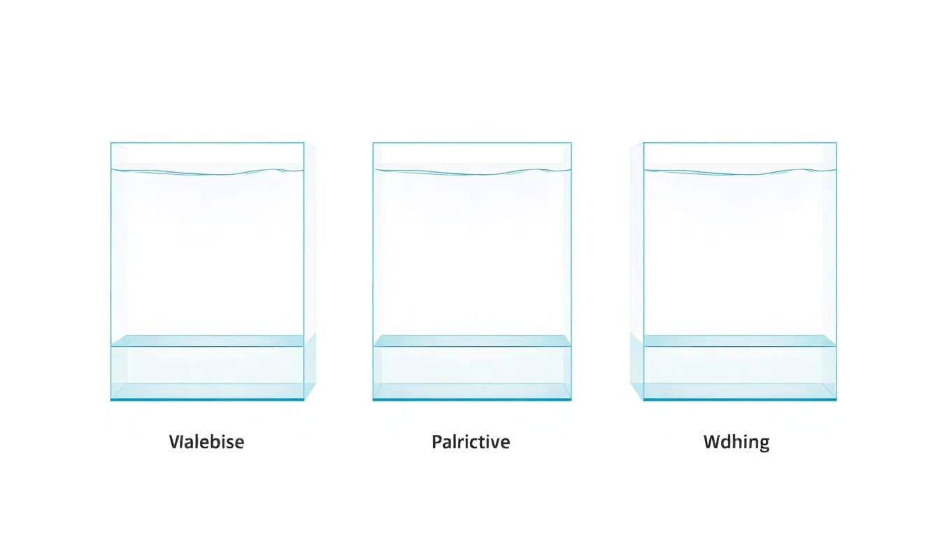 A clean educational diagram showing three identical rectangular prism aquariums on a white background. Each aquarium has different water levels (low, medium, high) to illustrate pressure vari