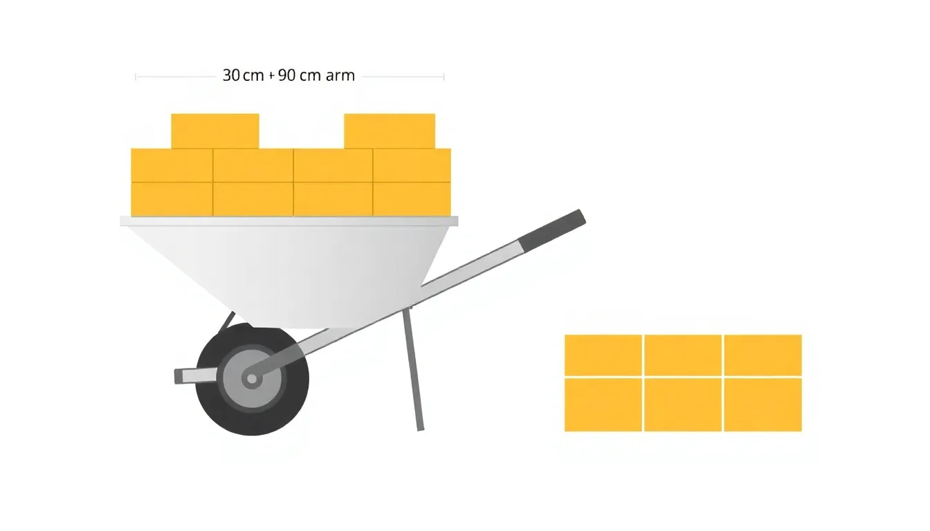 A clean educational infographic showing a wheelbarrow with a 30 cm load arm and 90 cm effort arm, carrying 15 identical bricks. Minimalist diagram on white background, no text. Simple technic
