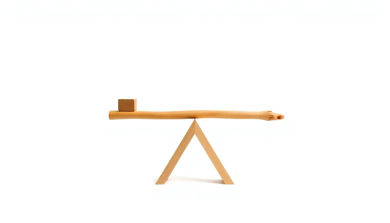 A clean educational diagram on a white background: a lightweight wooden stick balanced at its exact center on a triangular fulcrum, with a small weight block on the left side and a simple str
