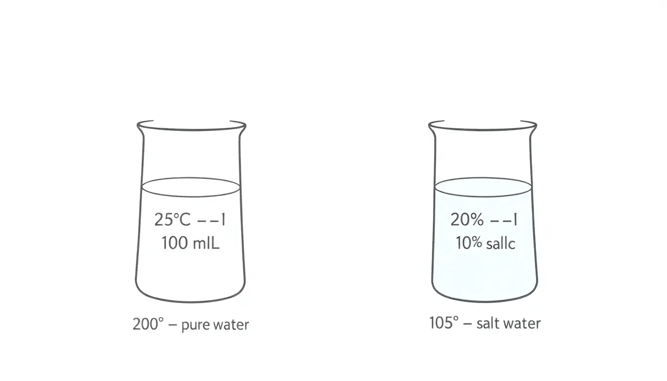 A clean educational diagram showing two identical beakers on a white background. Left beaker labeled "25°C – 100 mL pure water". Right beaker labeled "25°C – 100 mL 20% NaCl saltwater". Minim