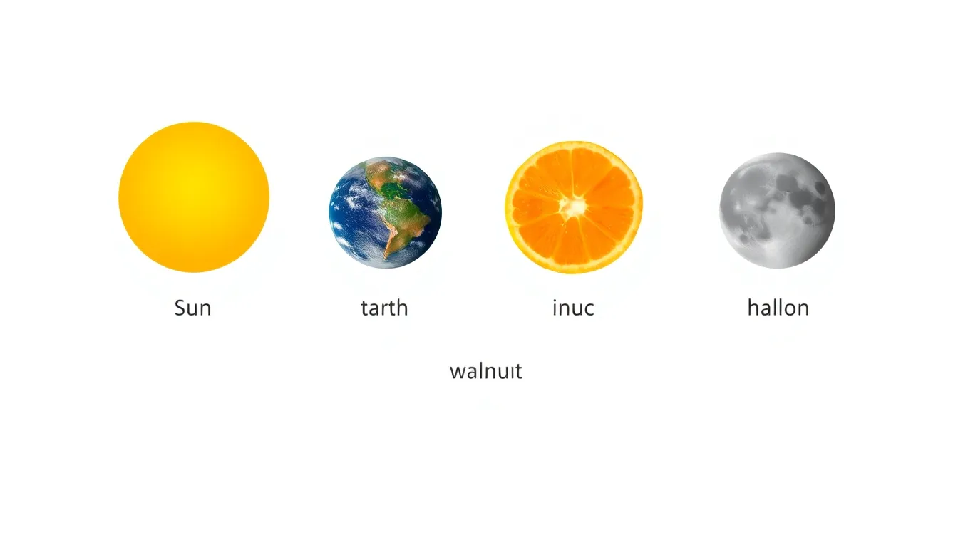 Create a minimal educational infographic comparing the sizes of the Sun, Earth, and Moon using three fruits: an orange for the Sun, a walnut for Earth, and a hazelnut for the Moon. Clean white backgro