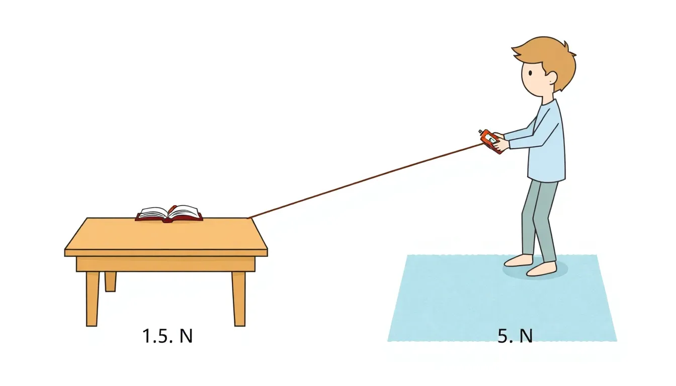 A clean educational infographic showing a student pulling a book with a dynamometer across two surfaces: a smooth wooden table (1.5 N) and a rough carpet (5 N). Minimal vector diagram, white backgroun