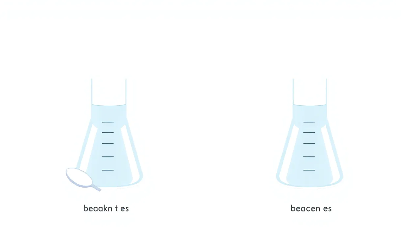 A clean educational infographic diagram on a white background: Two identical beakers with equal water levels. Beaker 1 labeled with one salt spoon beside it, water remains liquid. Beaker 2 labeled wit