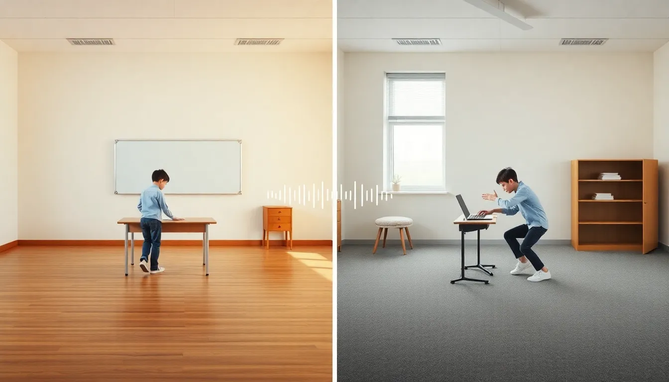 A minimal educational diagram: two side-by-side classroom scenes. Left: empty room with wood table, student hitting table, sound waves echoing long. Right: same table, carpeted floor, student hitting,