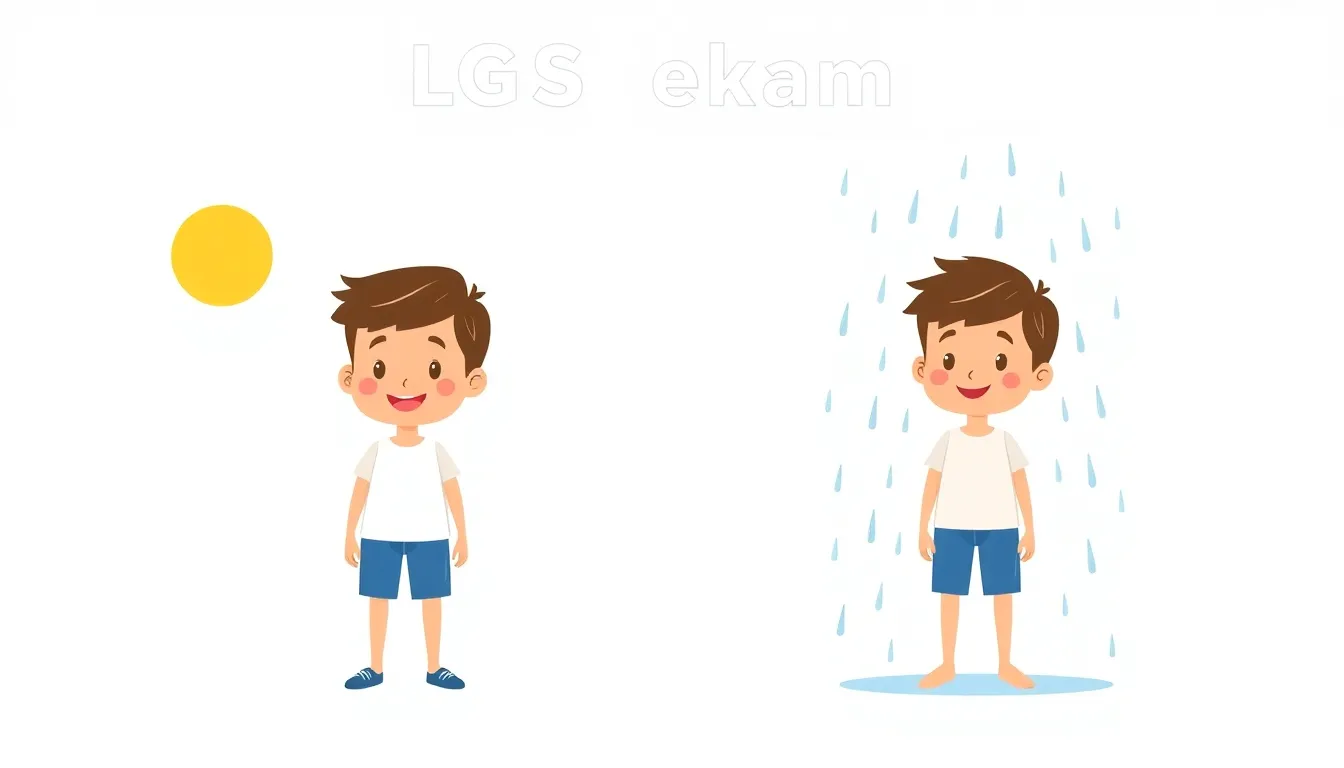 "A simple educational infographic for LGS exam style: left side shows a cheerful boy in shorts and t-shirt under bright sun; right side shows the same boy shivering, wet in rain with dark clouds above