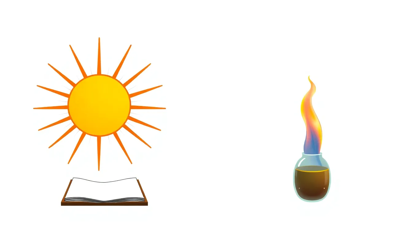 A clean educational diagram on a white background. Left side: sun with direct rays passing through a convex lens (magnifying glass), converging onto paper, smoke and flame rising. Right side: same set