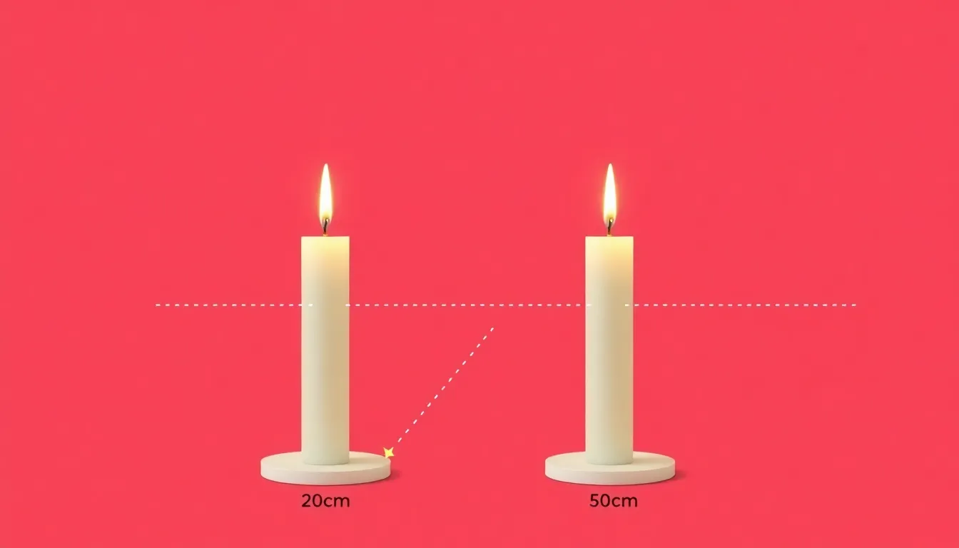 A minimal educational diagram showing two identical vertical candles placed at different distances in front of a flat plane mirror: first candle 20 cm from mirror, second 50 cm. Dashed lines show virt