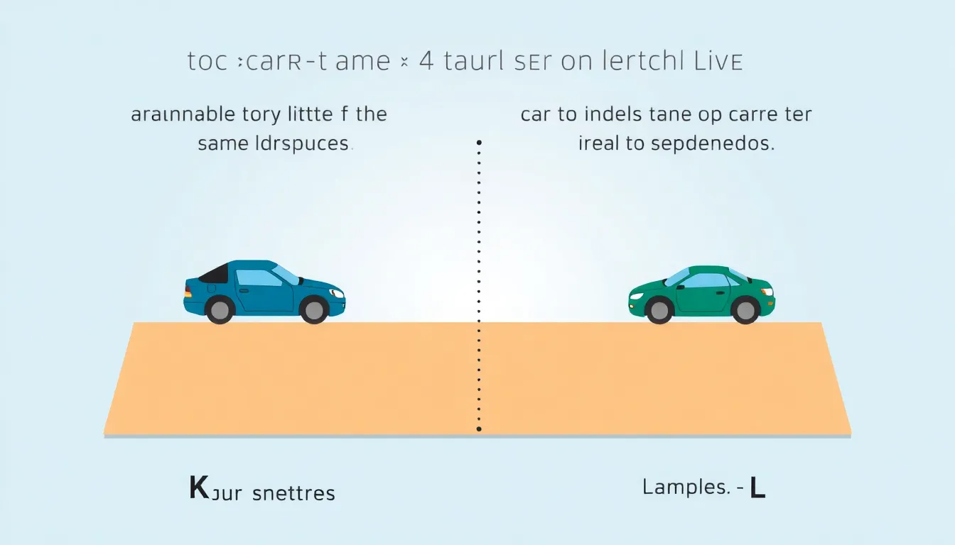 A clean educational infographic showing two identical toy cars pushed with same initial speed on two different surfaces labeled K and L. Car on surface K travels 4 meters before stopping; car on surfa