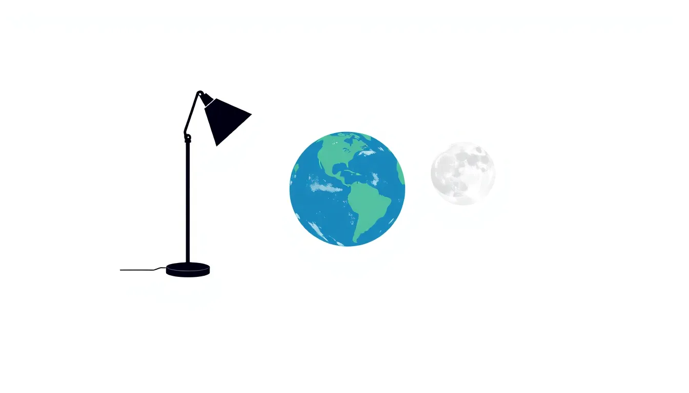 A simple educational diagram showing a lamp labeled as Sun, a volleyball as Earth, and a ping-pong ball as Moon positioned inside Earth’s shadow. Minimal, clean, white background, no text, LGS exam st