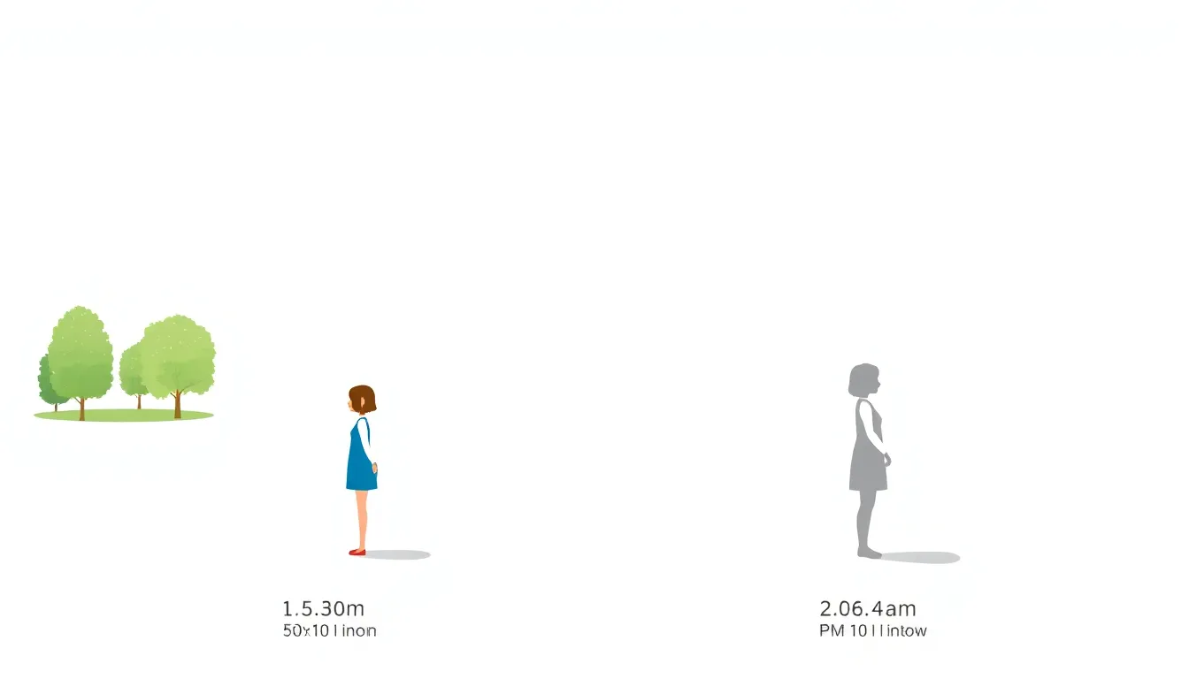 A clean educational diagram showing a sunny park scene: a 1.50m girl standing at noon with a 0.75m shadow, and the same girl at 4:00 PM with a 1.20m shadow. Minimal, white background, no text. Arrows