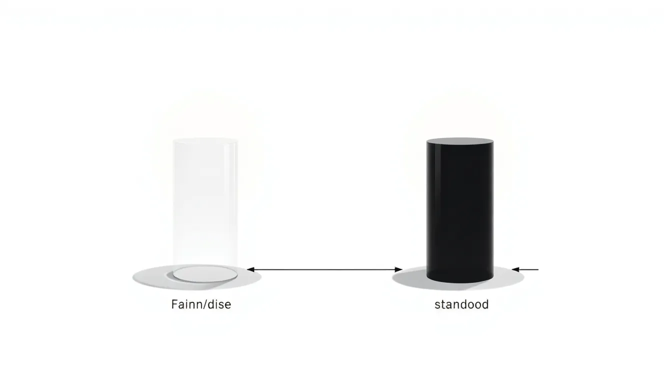 A minimalist educational diagram showing two identical cylindrical objects at equal distance from a single point light source. Left object is transparent (glass-like), right object is opaque (solid).