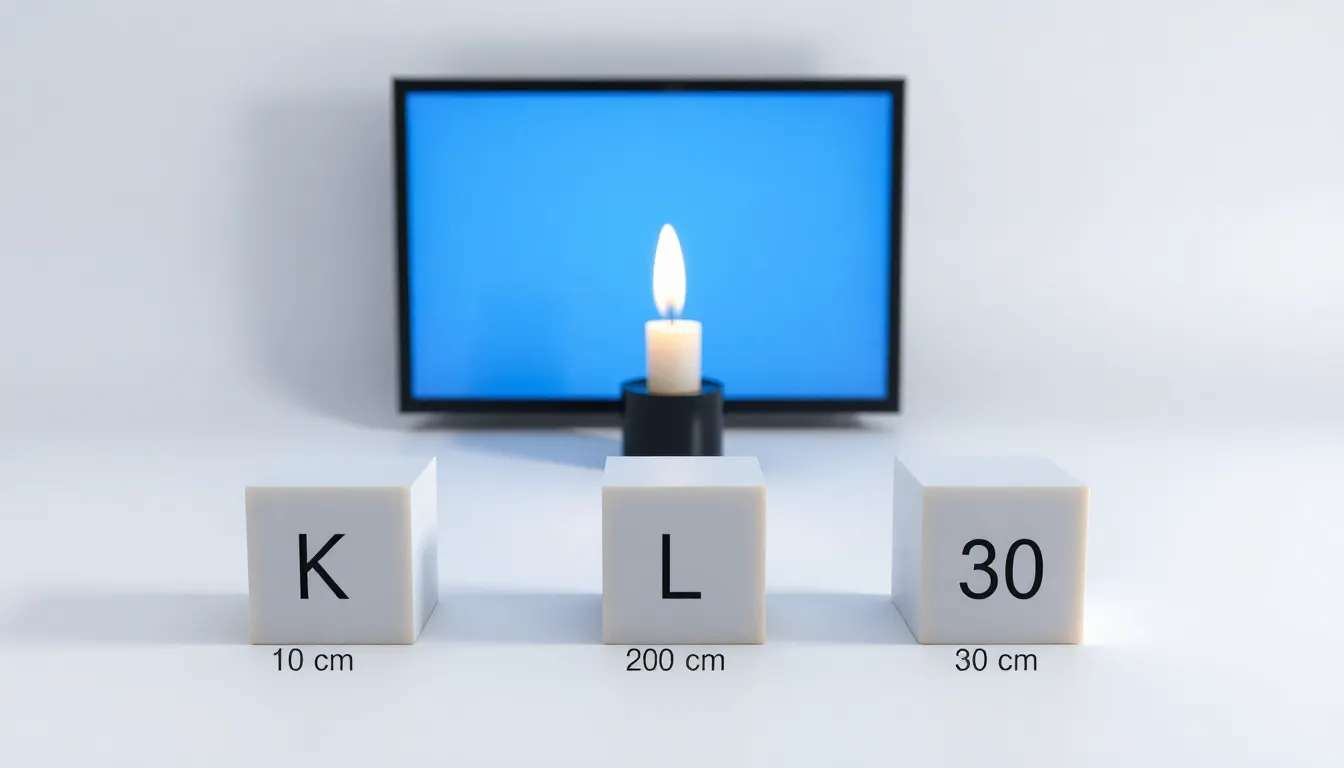 A minimal educational diagram on a white background. Three identical cubes labeled K, L, M placed at 10 cm, 20 cm, and 30 cm from a screen. A single candle behind them casts shadows on the screen. Cub