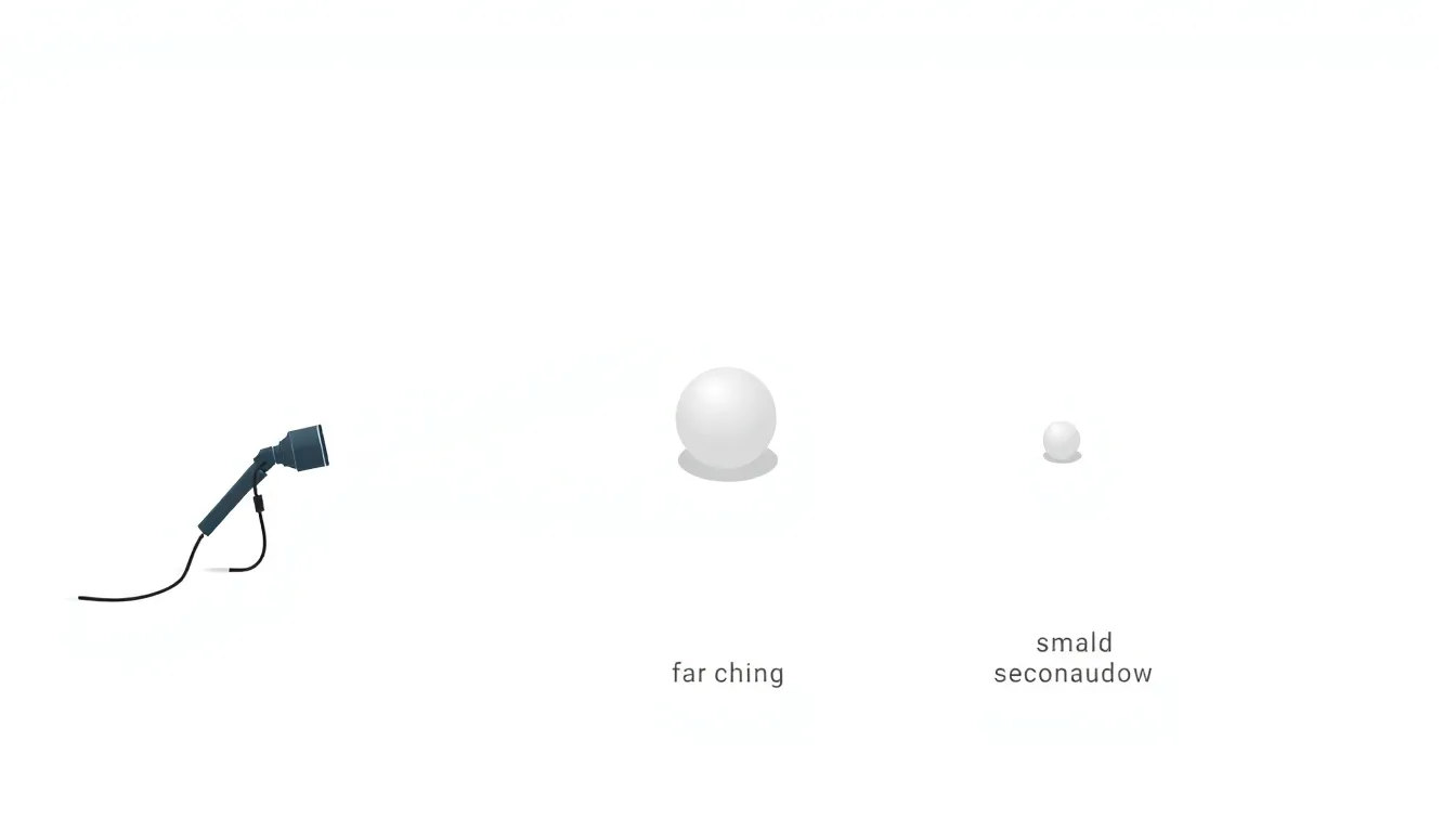 A simple educational diagram showing a flashlight pointing at a sphere on a white background. Three positions of the flashlight: close to sphere casting large shadow, middle position, far away casting