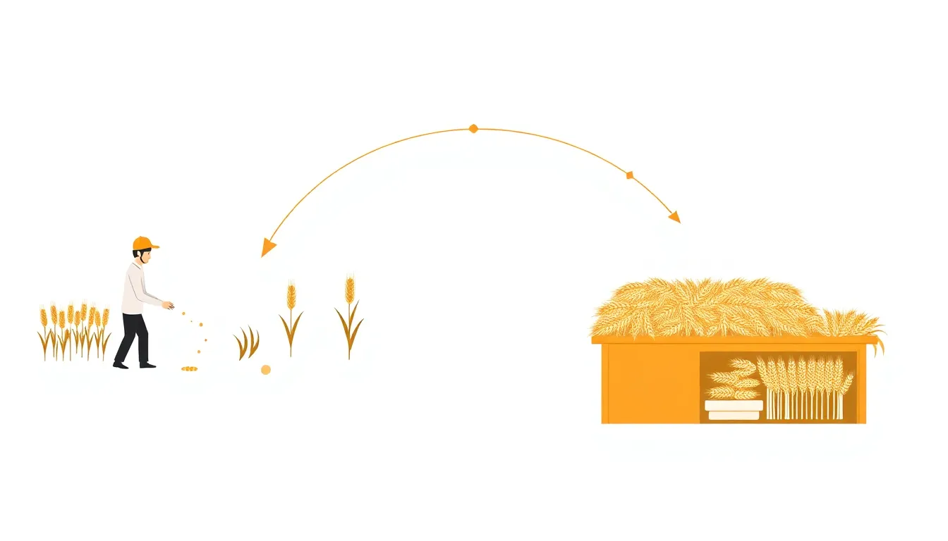 Create a minimalist educational infographic diagram with a white background. Show a simple cycle: a farmer planting wheat seeds, wheat growing tall, a farmer harvesting, then selling the wheat at a ma