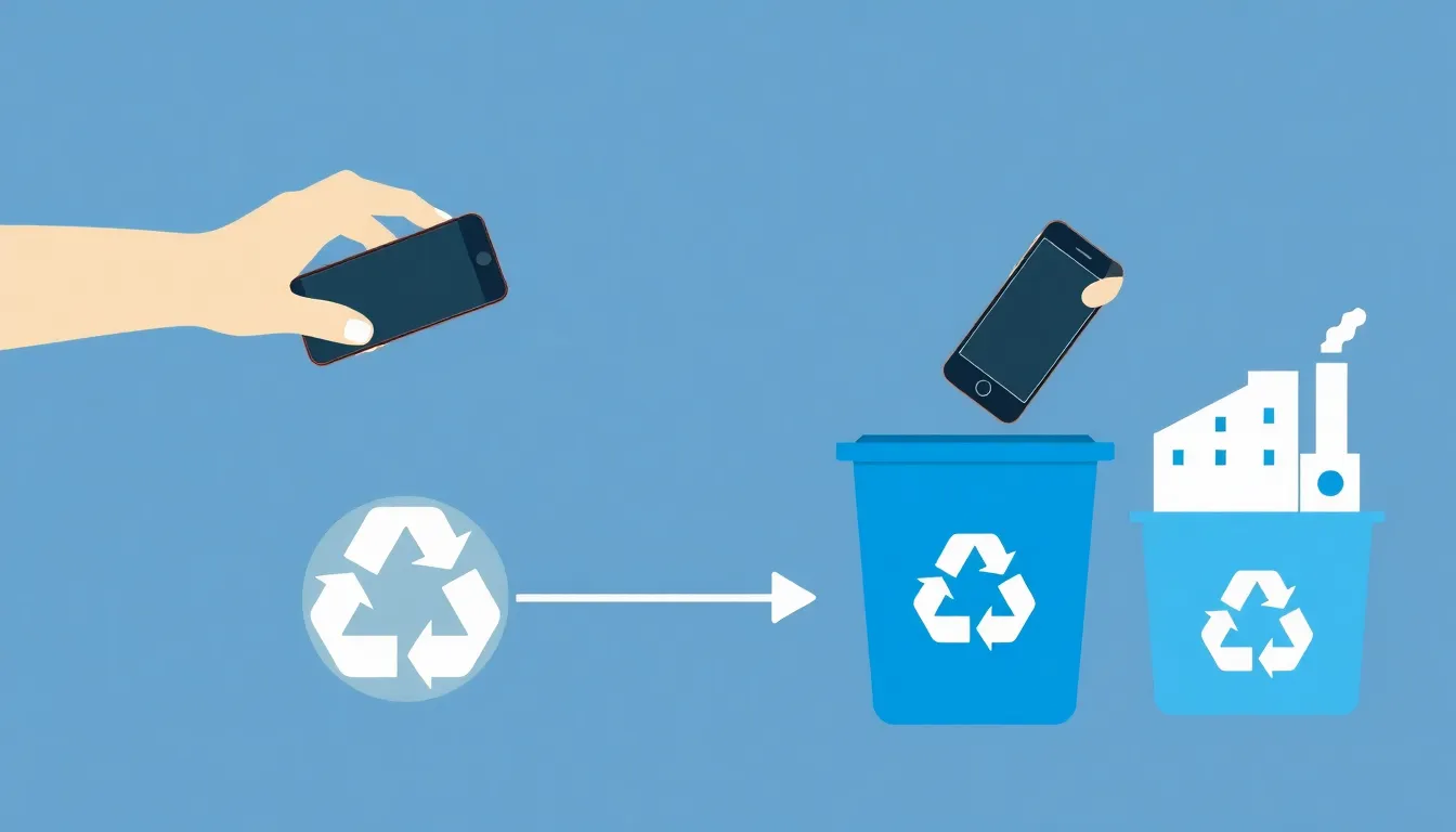 A minimalist educational infographic showing a hand placing an old mobile phone into a blue recycling bin labeled with a universal recycling symbol. A clean arrow flows from the bin to a factory icon,