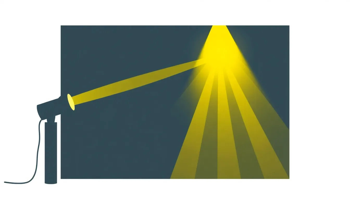 Create a minimalist educational diagram with a white background. Show a flashlight on the left emitting a straight, conical beam of yellow light rays spreading outward into a dark room. The rays shoul