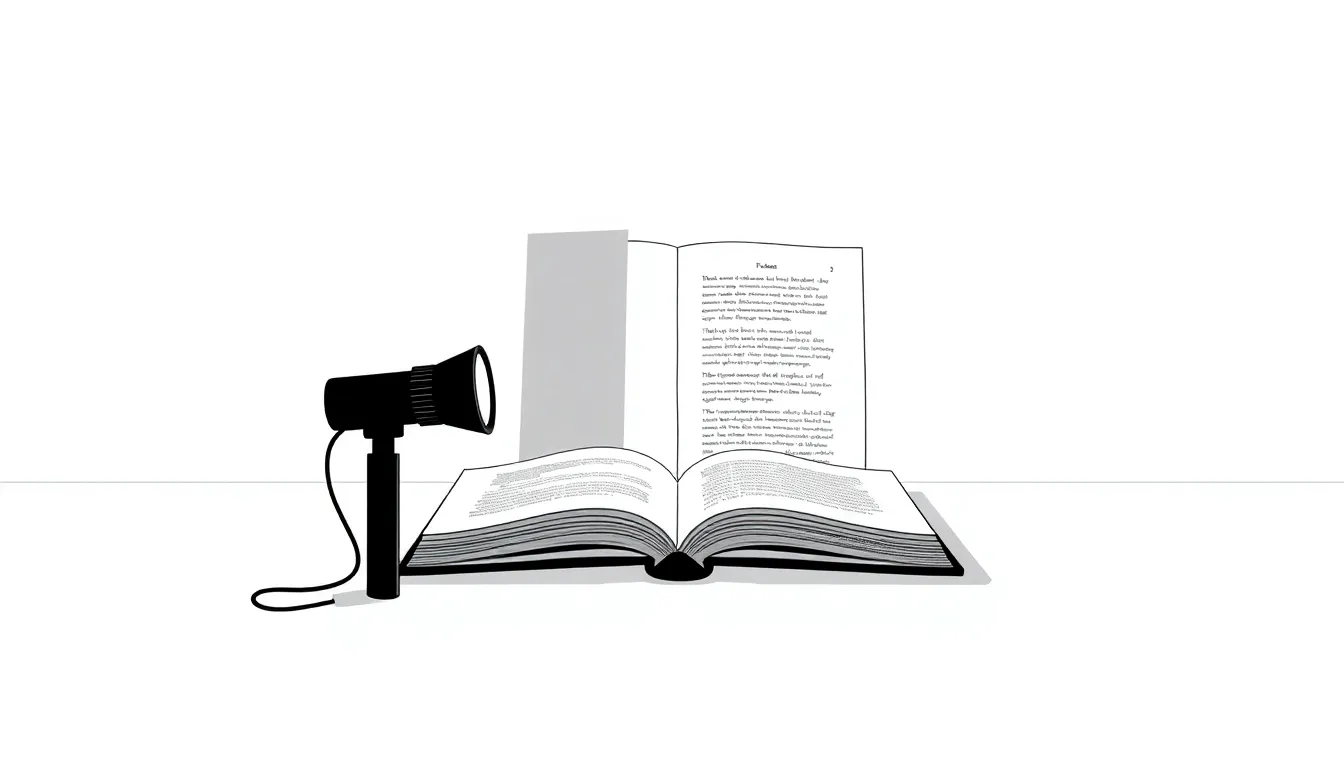 A minimal educational diagram: a flashlight placed on a table pointing forward, a book standing upright in front of it, and a dark shadow region clearly marked behind the book on a white surface. Clea