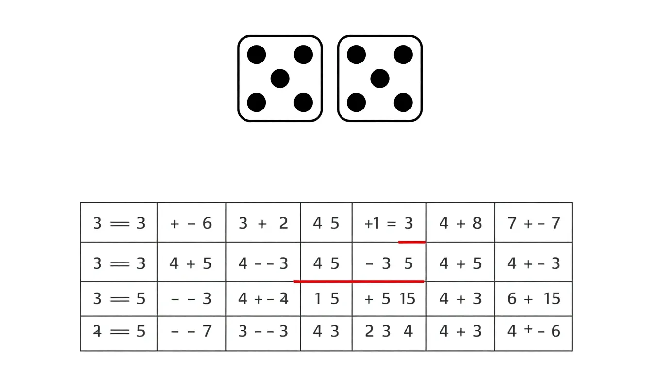 A clean educational diagram showing two dice with visible dots. A 6x6 grid below illustrates all 36 possible sums. Highlight the 6 diagonal cells where dice totals equal 7 (1+6, 2+5, 3+4, 4+3