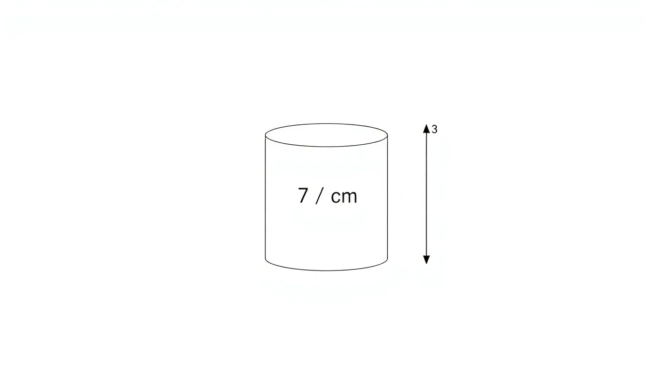 "A minimal educational infographic of a cylinder with height 7 cm and radius 3 cm, dimensions labeled with arrows on a clean white background, no text, geometric diagram style for LGS exam."