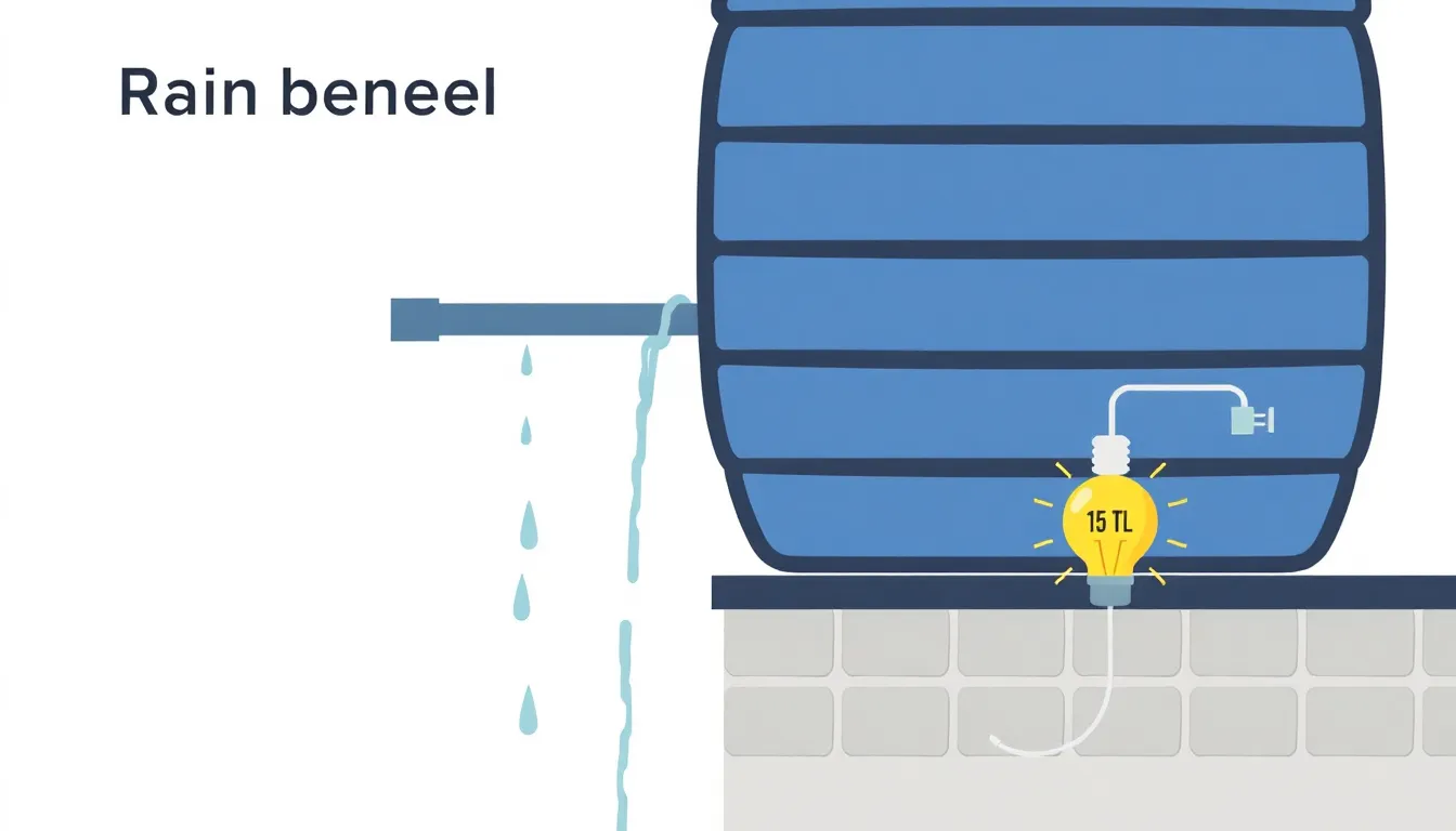 A minimalist educational diagram of a rain barrel on a school roof in Izmir, with a pipe releasing falling water onto a small turbine. The turbine is connected by a wire to an LED bulb labeled "15 TL.