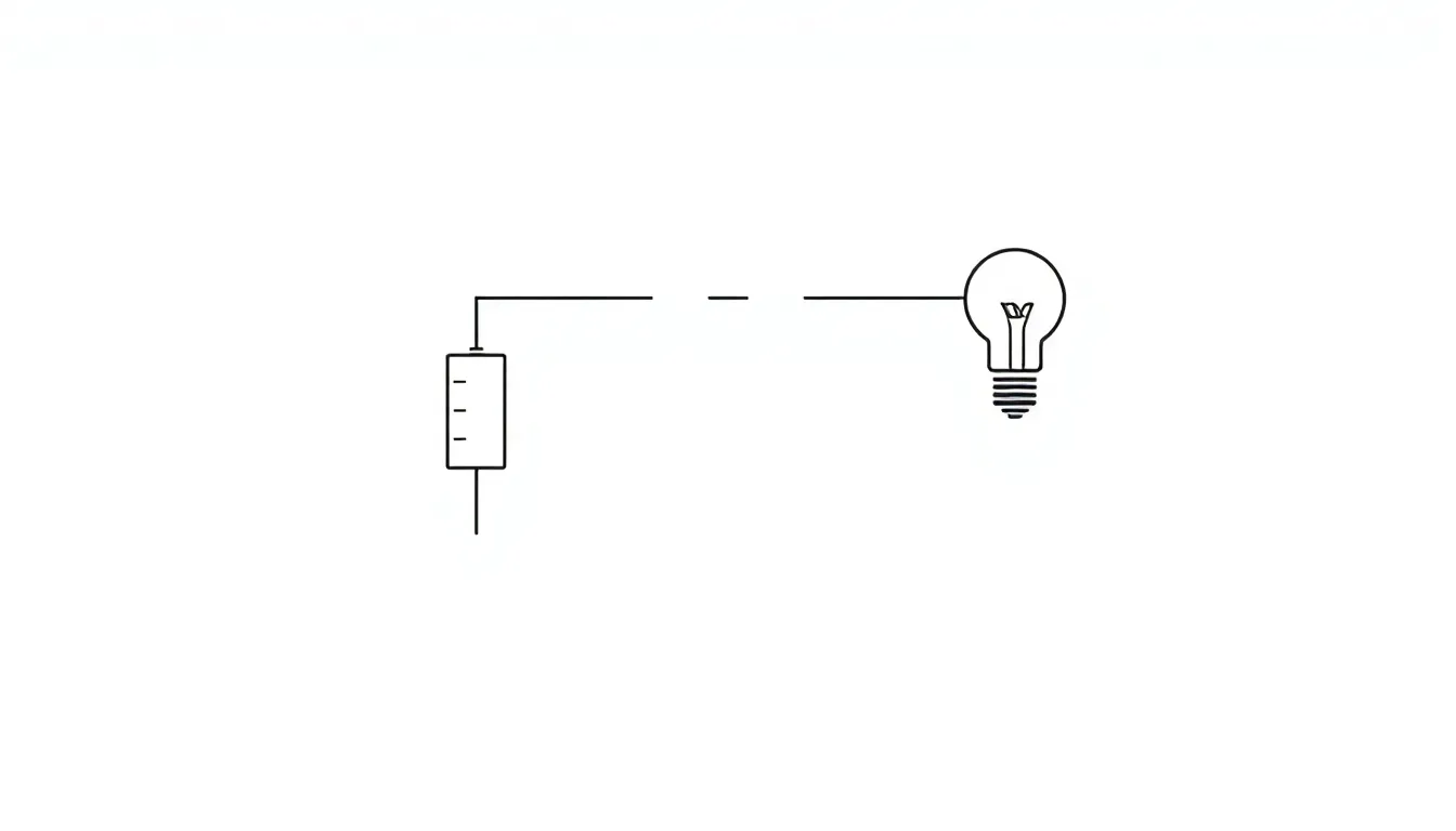 A minimalist educational infographic diagram for a middle school science question: a simple electric circuit with a battery, wires, and a light bulb, arrows indicating conventional current flow from p