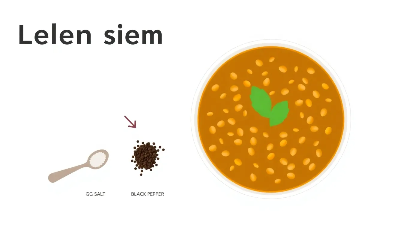 Create a clean infographic showing a bowl of lentil soup next to a teaspoon of salt and a teaspoon of black pepper. Use simple icons: a flame or heat symbol near the soup, an arrow pointing from the s