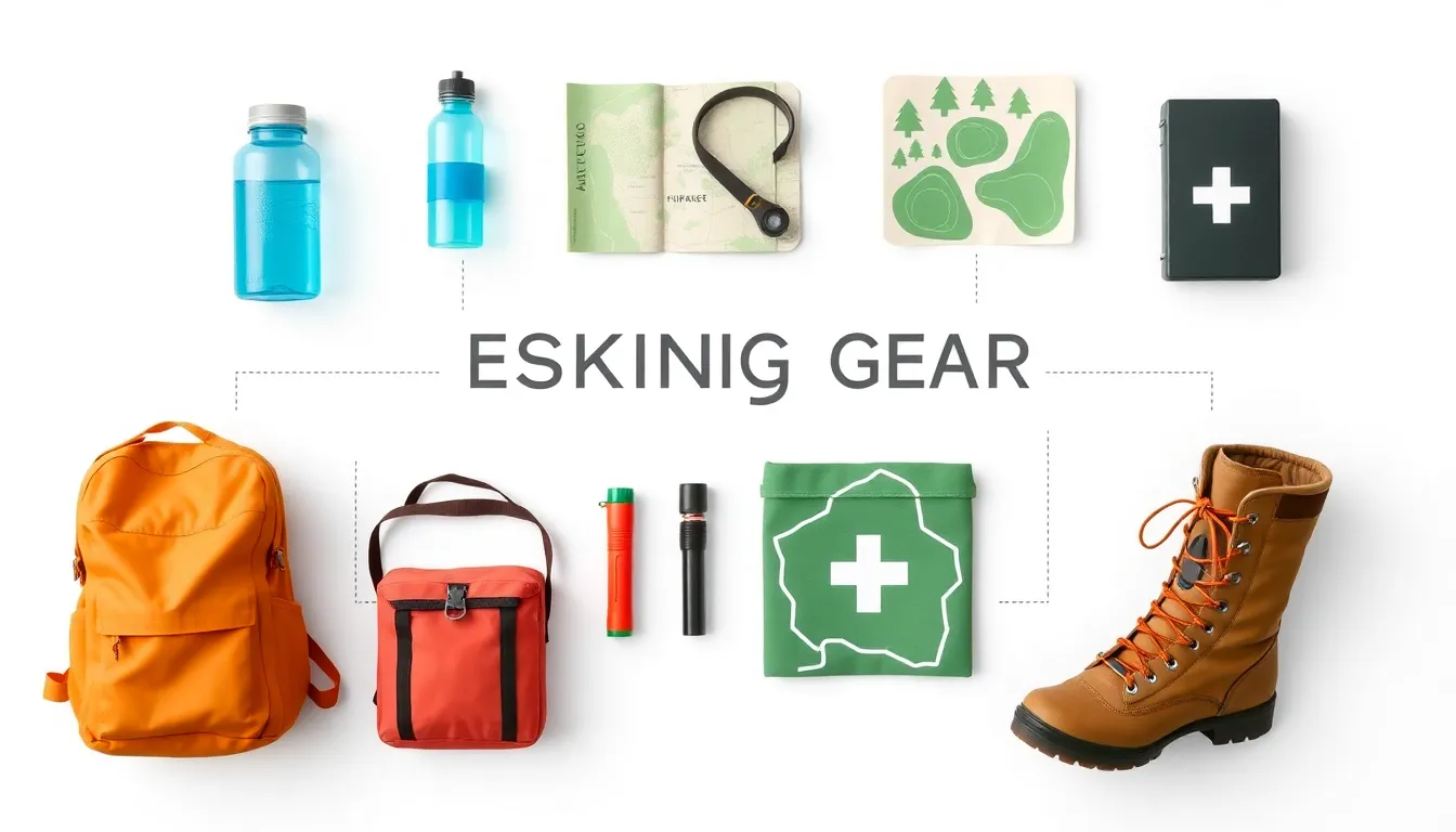 A minimalist educational infographic showing essential hiking gear: backpack, water bottle, compass, map, flashlight, first aid kit, and sturdy boots arranged on a white background. Clean diagram styl
