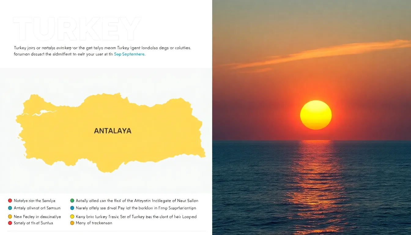 A clean educational infographic showing a map of Turkey with Antalya and Samsun marked. A sun setting on the Antalya coast at 18:45 on September 23, while the same sun is still visible higher