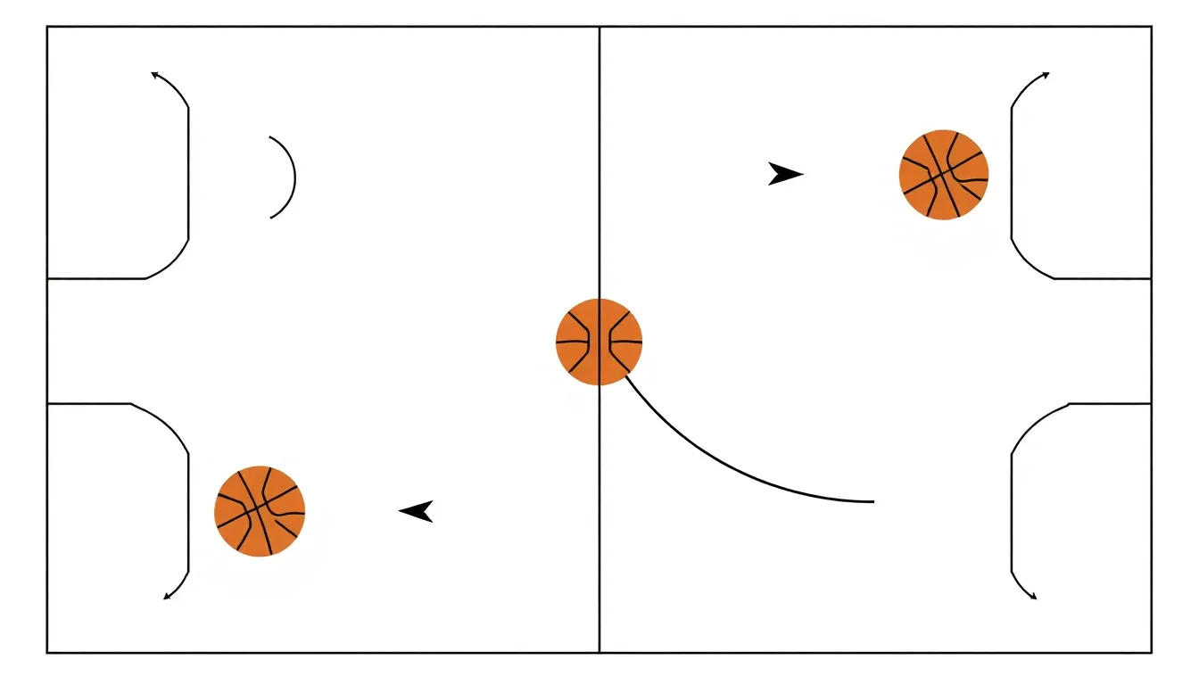 A minimalist educational diagram. On a white background, four basketball courts arranged in a grid. Only two basketballs are shown, with arrows tracing curved paths moving rapidly from court to court,