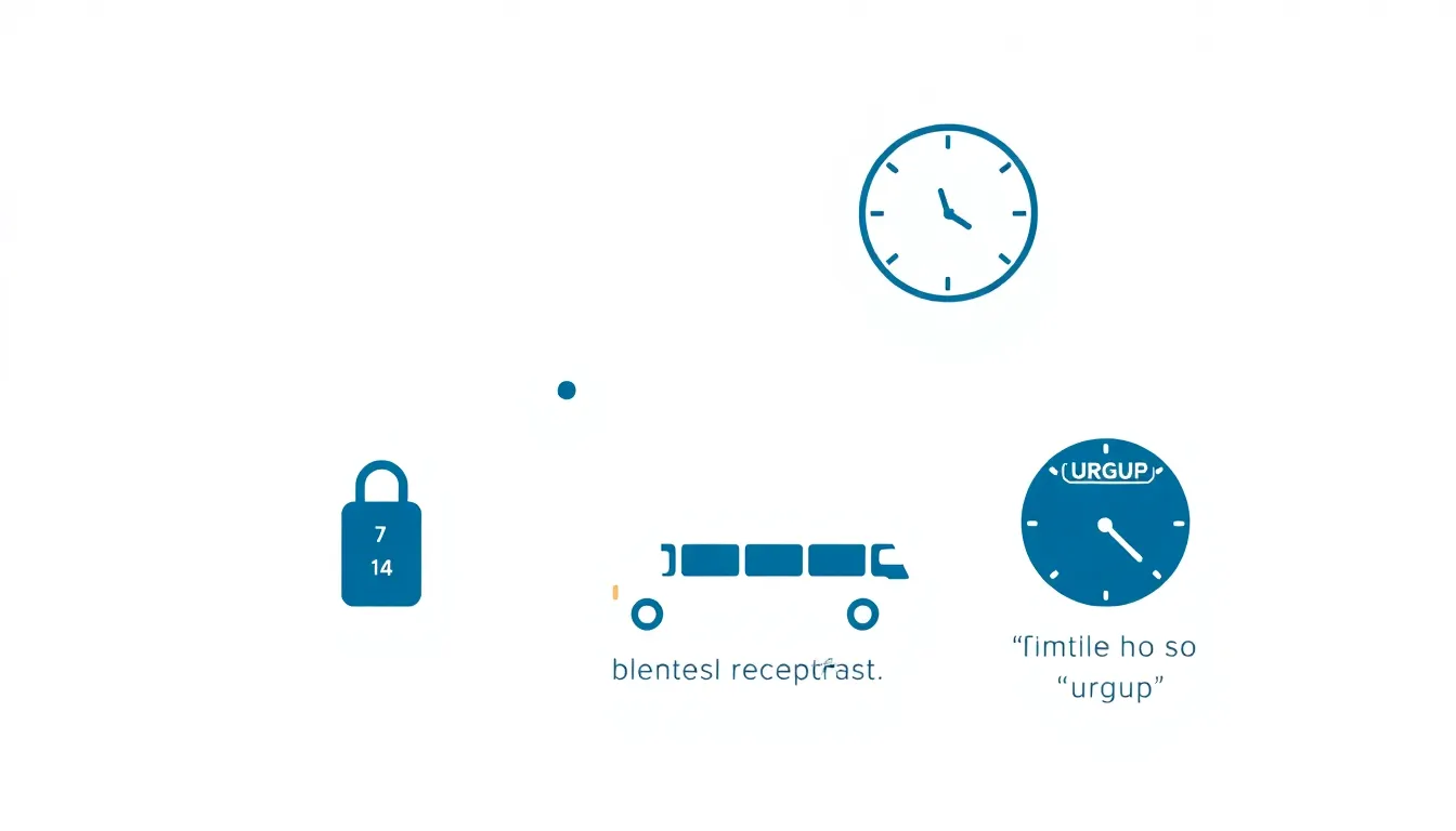 A clean, educational infographic showing a hotel reception desk with a key labeled 124, a clock showing 7–10 AM for breakfast, and a shuttle bus icon departing at 9 AM toward Ürgüp. Minimalist vector