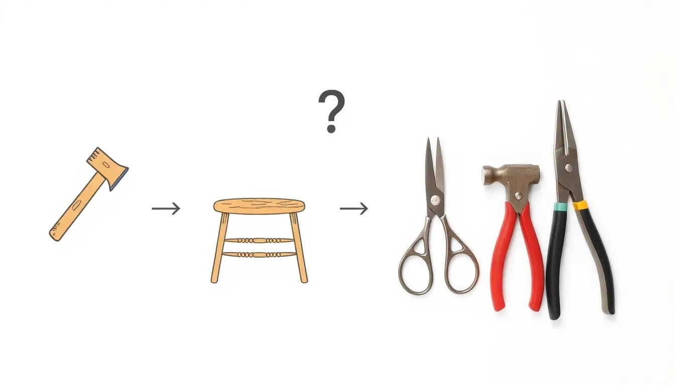 A simple educational diagram showing an old wooden chair being disassembled into firewood. On a white background, four tools are displayed: axe, scissors, hammer, and pliers. A visual question mark hi
