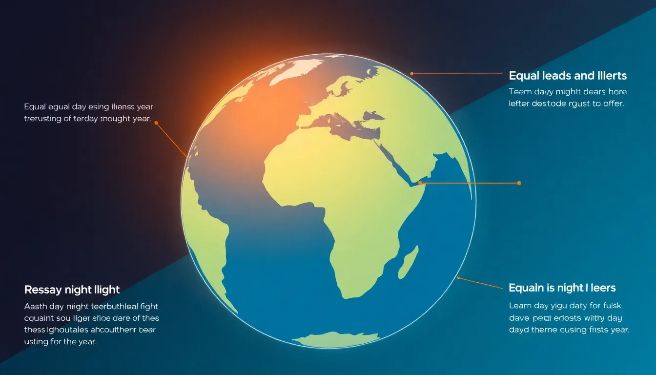 Create an educational infographic showing a diagram of Earth with equator highlighted. On the equator, a city marked by a small dot. Show equal day and night lengths throughout the year using