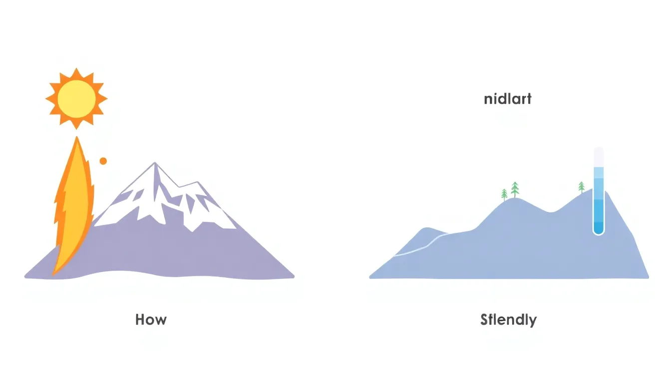 Create a clean, minimal educational infographic comparing two climates: one hot and one cold in the same location, while another region shows a mild, steady temperature. No text. White backgr