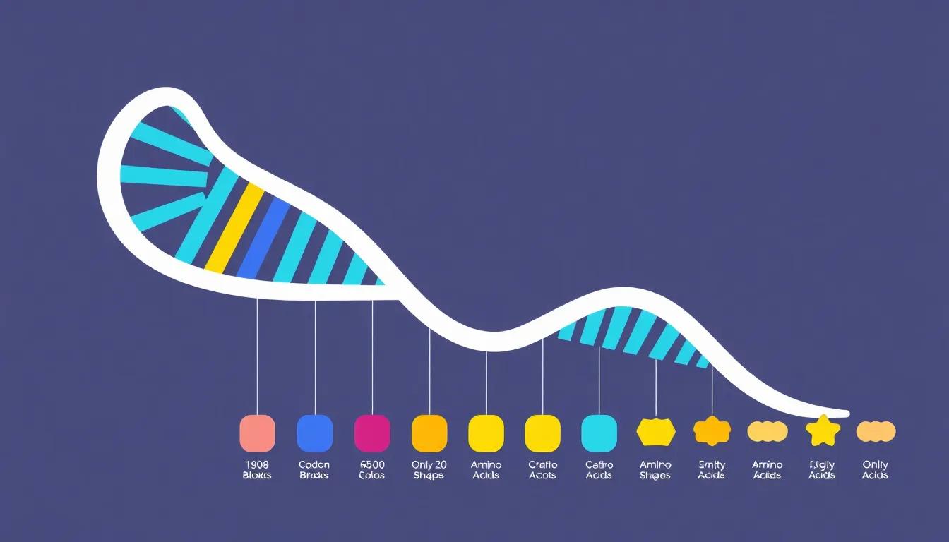 A clean educational infographic-style diagram showing a bacterial DNA strand with 64 colored codon blocks (triplets) feeding into only 20 distinct amino acid shapes. Minimalist design, white