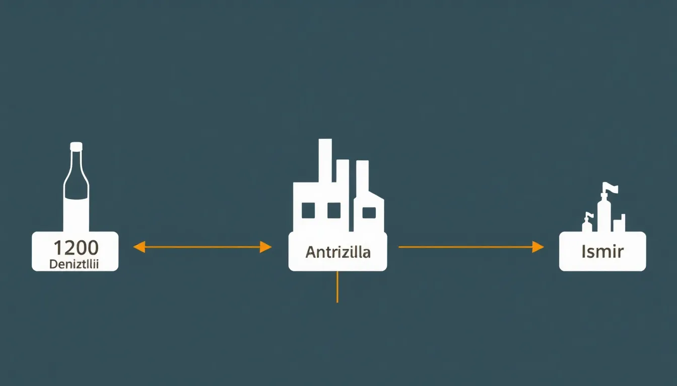 A clean infographic diagram with 1 central factory icon (Denizli), branching arrows to 3 city labels: 1200 bottles to Denizli, 500 to Antalya, 300 to Izmir. No text. Minimalist educational style, whit
